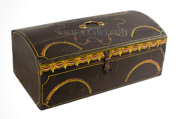 Paint Decorated Trunk, Dome Top Box, Original Bright Paint
Worcester County, Massachusetts
Circa 1820 to 1830, angle view